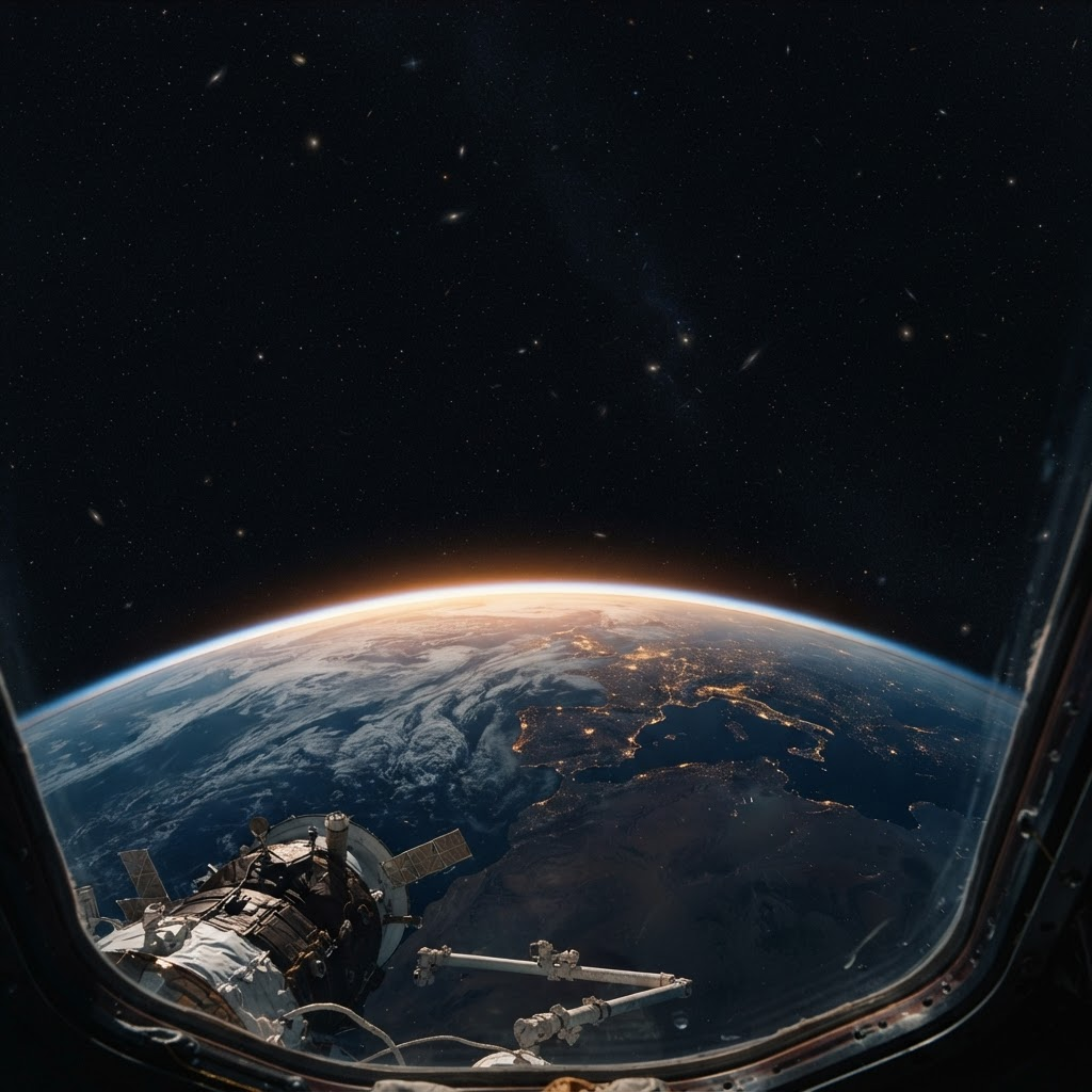 Earth seen from space with a sunrise along the horizon
